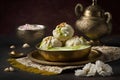 Delicious traditional sweet item called Malai Ghevar or Ghewar, an Indian Rajasthani special authentic dessert made and eaten