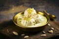 Delicious traditional sweet item called Malai Ghevar or Ghewar, an Indian Rajasthani special authentic dessert made and eaten