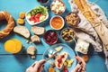 Delicious traditional turkish breakfast on blue wooden table Royalty Free Stock Photo