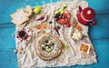 Delicious traditional turkish breakfast on blue wooden table Royalty Free Stock Photo