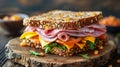 Delicious triangle sandwich with ham, cheese, tomato, and fresh salad ingredients Royalty Free Stock Photo