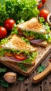 Delicious triangle sandwich with ham, cheese, tomato, and fresh salad ingredients Royalty Free Stock Photo