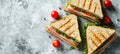 Delicious triangle sandwich with ham, cheese, tomato salad on white background with copy space Royalty Free Stock Photo