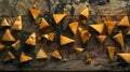Delicious triangular cheese chunks artfully arranged on a rustic table for visual appeal