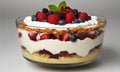 Delicious trifle with strawberries, raspberries, blueberries and whipped cream