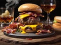 a delicious triple meat burger with bacon and yellow cheese, accompanied with a glass of whiskey on the rocks generative Ai.