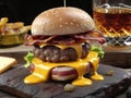 a delicious triple meat burger with bacon and yellow cheese, accompanied with a glass of whiskey on the rocks generative Ai.