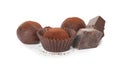 Delicious truffles with cocoa powder and chocolate on white background