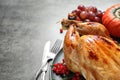 Delicious turkey on grey background. Happy Thanksgiving day Royalty Free Stock Photo