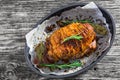 Delicious turkey roulade roast in baking dish