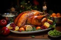Delicious Turkey on a table nicely decorated in a garden Thanksgiving minimalist. Generative AI