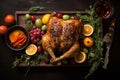 Delicious Turkey on a table nicely decorated in a garden Thanksgiving minimalist. Generative AI