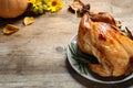 Delicious turkey on wooden background. Happy Thanksgiving day Royalty Free Stock Photo
