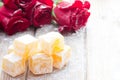 Delicious Turkish Delight with rose flower Royalty Free Stock Photo