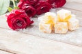 Delicious Turkish Delight with rose flower Royalty Free Stock Photo