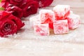 Delicious Turkish Delight with rose flower Royalty Free Stock Photo