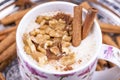 Delicious Turkish hot winter drink, sahlep on wooden background