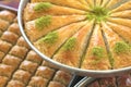 Delicious Turkish sweet, baklava with green pistachio nuts