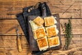 Delicious Turkish Tray pastry, Su boregi with cheese. Wooden background. Top view