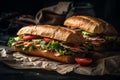 Delicious two fresh submarine sandwiches. generative ai Royalty Free Stock Photo