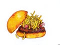 Delicious Umami Burger with beef, shiitake, sweet and sour sauce, cheese and fried tomatoes. watercolor illustration, sketch