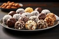 Delicious unbaked walnut, cocoa, and almond sweet balls for dessert and snack Royalty Free Stock Photo