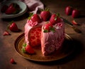 Delicious Valentine`s sweet gift, strawberry cake illustration. Generative AI