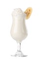 Delicious vanilla banana milkshake with whipped cream in tall glass isolated on white background Royalty Free Stock Photo