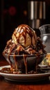 Delicious vanilla and chocolate ice cream sundae with chocolate sauce in a tall glass on wooden counter Royalty Free Stock Photo