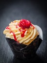 Delicious vanilla cupcake with raspberry