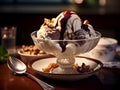 delicious vanilla ice cream with chocolate sauce