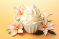 a delicious vanilla ice cream with flowers on bright orange generative AI