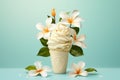 a delicious vanilla ice cream with flowers on sky blue background generative AI