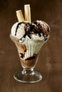 Delicious vanilla ice cream sundae with chocolate Royalty Free Stock Photo