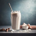 Delicious vanilla milkshake served in a tall glass, topped with whipped cream. AI generated.