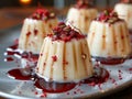 Delicious Vanilla Panna Cotta Desserts Drizzled with Berry Coulis and Edible Flowers on Elegant Plate