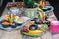 Delicious and various delicacies with veggies and fruits