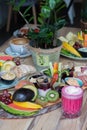 Delicious and various delicacies with veggies and fruits