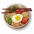 Delicious Veg And Meat Ramen Bowl With Fried Egg