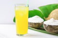 Delicious Vegan Coconut Ice Cream in Bowls on Large Green Palm Leaf Glass with Tropical Fruit Juice on White Marble Table Royalty Free Stock Photo