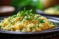 Delicious Vegan Couscous, Risotto, or Pilaf Plated with Fresh Herbs in Stunning Macro Photography