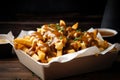 Delicious vegan poutine with crispy fries, plant-based cheese curds, and savory vegan gravy, served in a biodegradable container