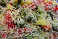Delicious vegetable meal with broccoli tomato onion red pepper under grated cheese as healthy fresh vegeterian food background.