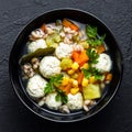 Delicious vegetable soup with chicken meatballs and pearl barley Royalty Free Stock Photo