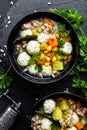 Delicious vegetable soup with chicken meatballs and pearl barley Royalty Free Stock Photo