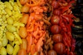 Delicious vegetables in brown, orange, orange and yellow, fire colors on a plate, eggplant, yellow and orange tomatoes,