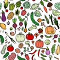 Delicious vegetables. Garden fruits. Edible food plants. Hand drawn outline. Seamless pattern. Isolated on white Royalty Free Stock Photo