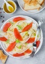 Delicious vegetarian fresh salad of fennel and grapefruit with a spicy dressing of citrus juice, olive oil, sweet mustard and