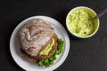 Delicious vegetarian quinoa and black bean burger, paired with fresh guacamole, in a vibrant bowl. Royalty Free Stock Photo
