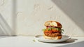 Delicious veggie burger with fresh lettuce, tomato, and onion on a brioche bun in sunlit setting Royalty Free Stock Photo